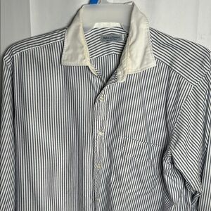 Bullock & Jones Men's Blue Stripe Dress Shirt with White Contrast Collar